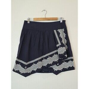 Holding Horses Anthropologie Faux Wrap Skirt Size 10 Blue Embroidered Tessa